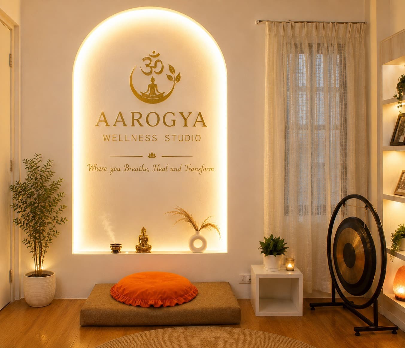 Traditional meditation and yoga studio with cushions and gong at Aarogya Man