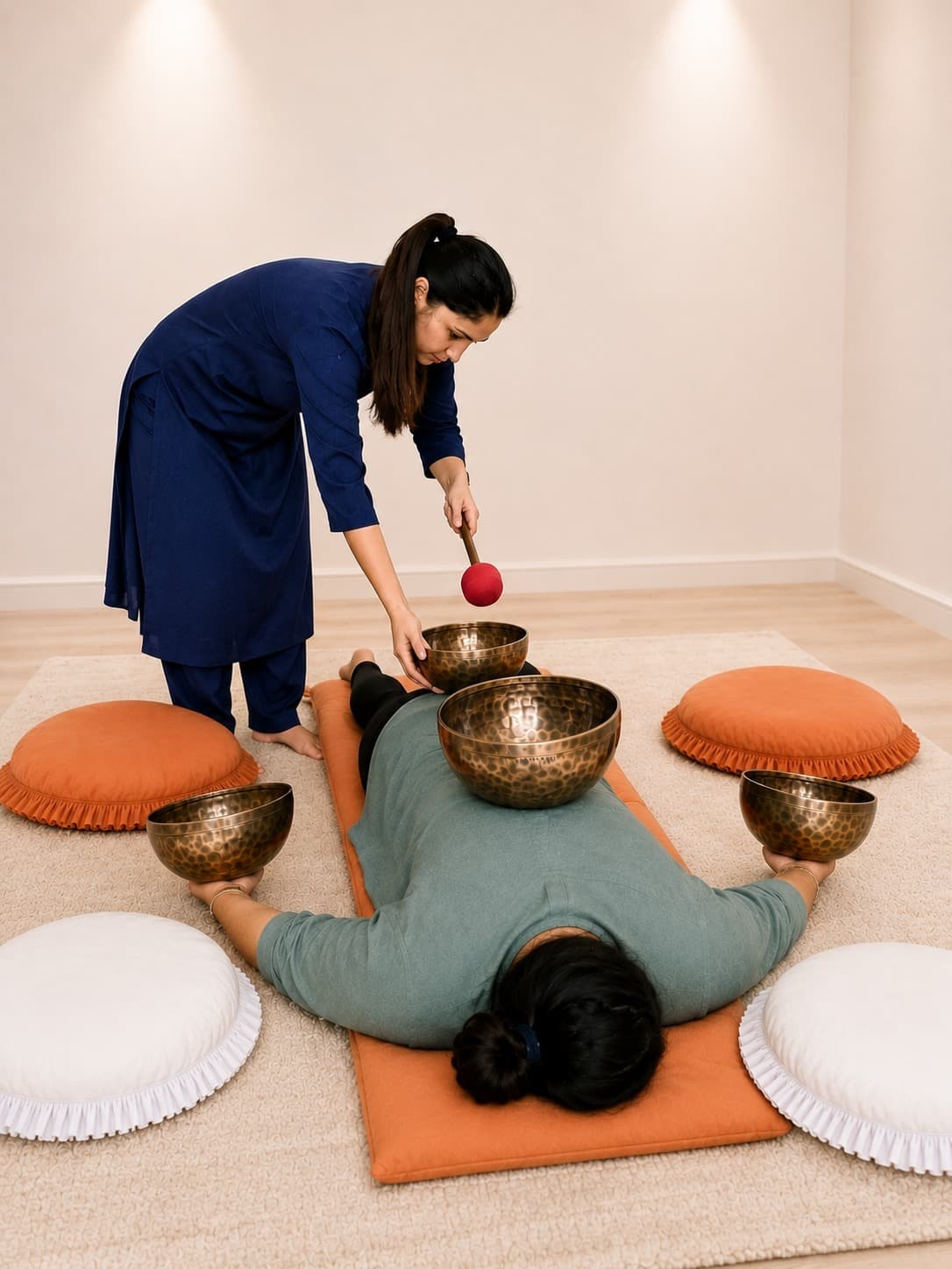 Individual sound therapy session with singing bowls on client back at Aarogya Man