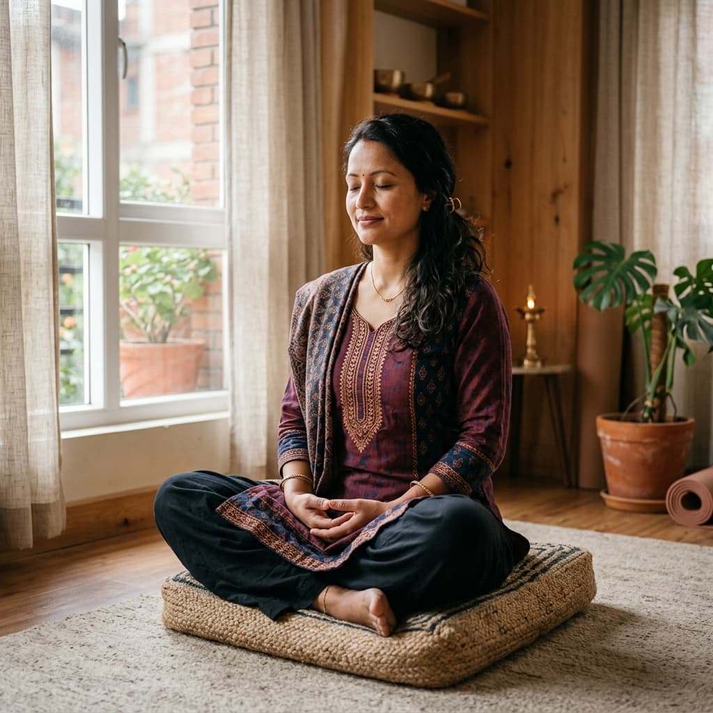 Nepali woman meditating peacefully